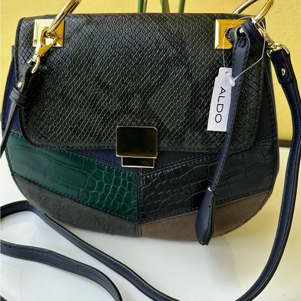 ALDO Rodriguez-4 Patchwork Snakeskin Saddle Crossbody Bag NWT - Picture 2 of 14
